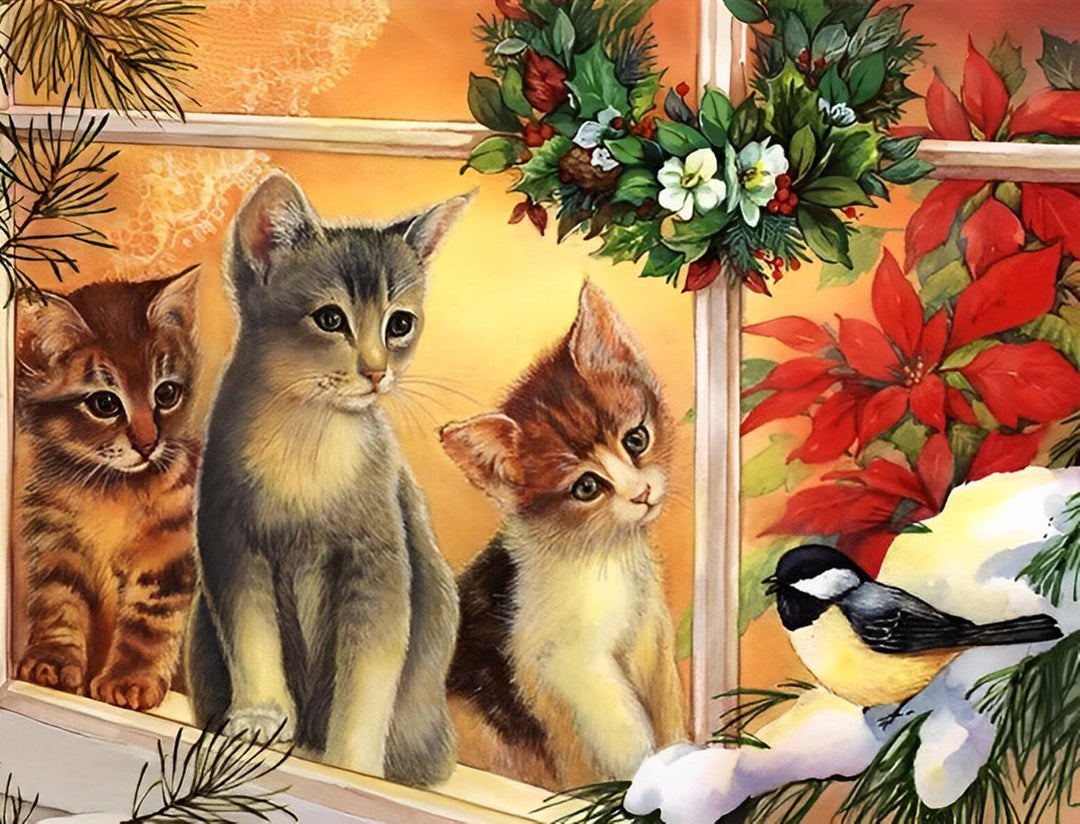 Drie Katten op de Vensterbank Diamond Painting