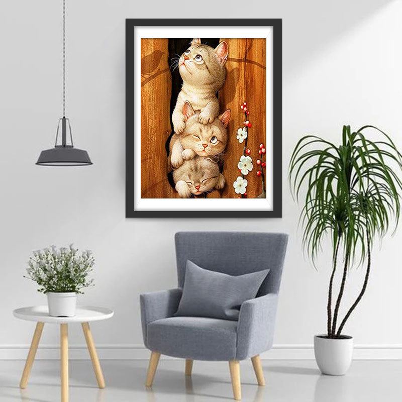 Drie Katten op een Bloementak Diamond Painting