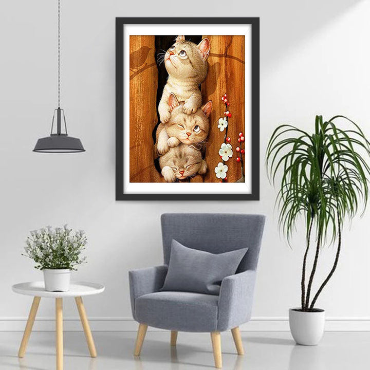 Drie Katten op een Bloementak Diamond Painting
