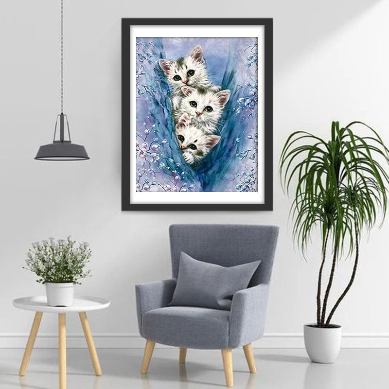 Drie Katten tussen de Bloemen Diamond Painting