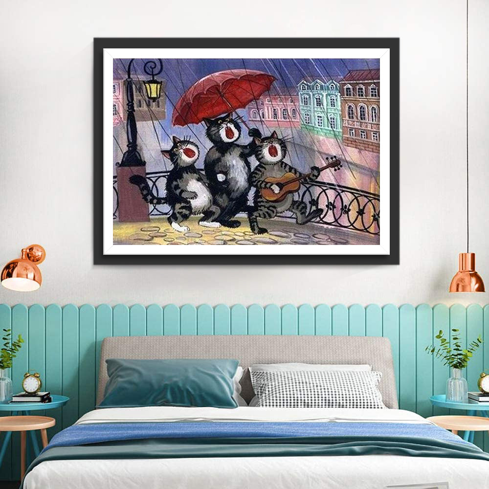 Drie Katten Zingend in de Regen Diamond Painting