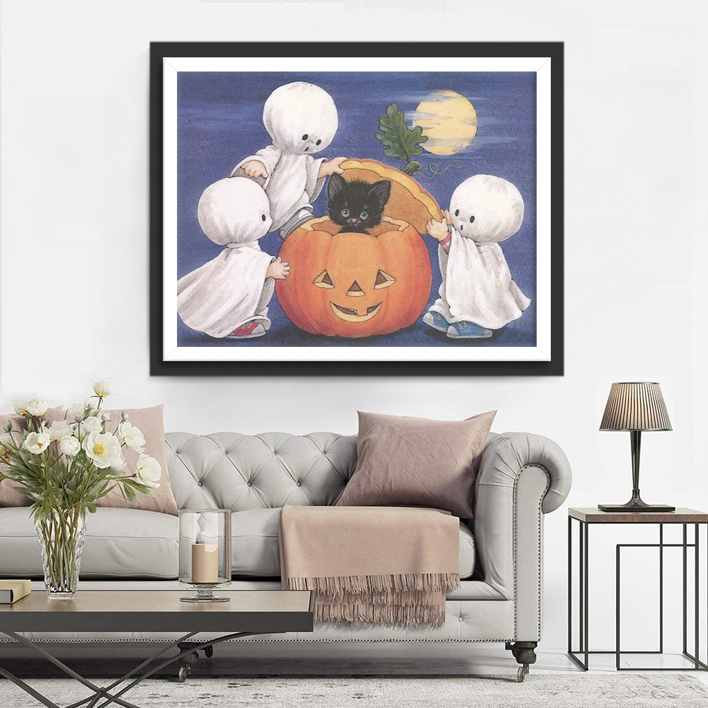 Drie Kleine Geestjes en een Zwart Katje Diamond Painting