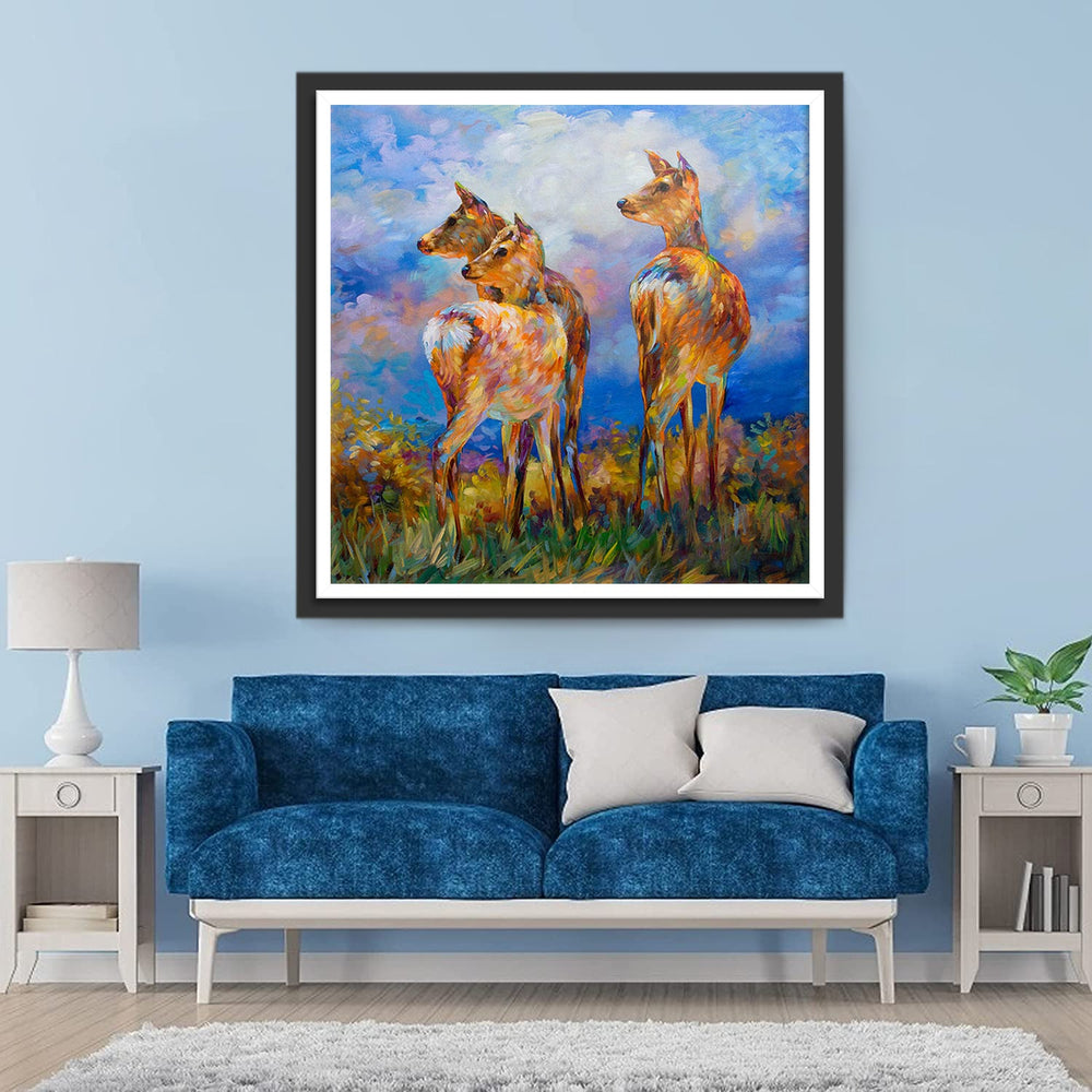 Drie Kleurrijke Herten onder een Kleurrijke Lucht Diamond Painting