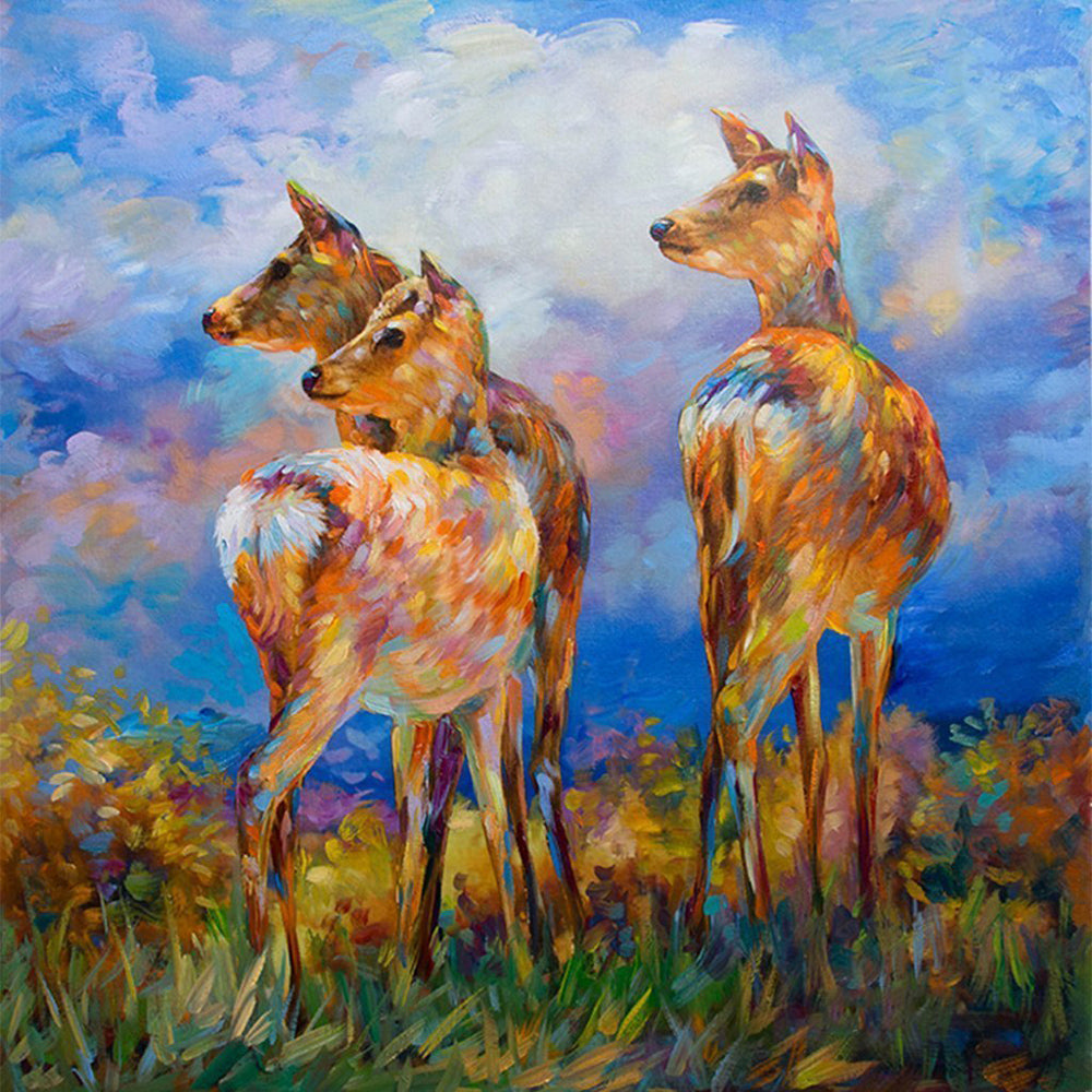 Drie Kleurrijke Herten onder een Kleurrijke Lucht Diamond Painting