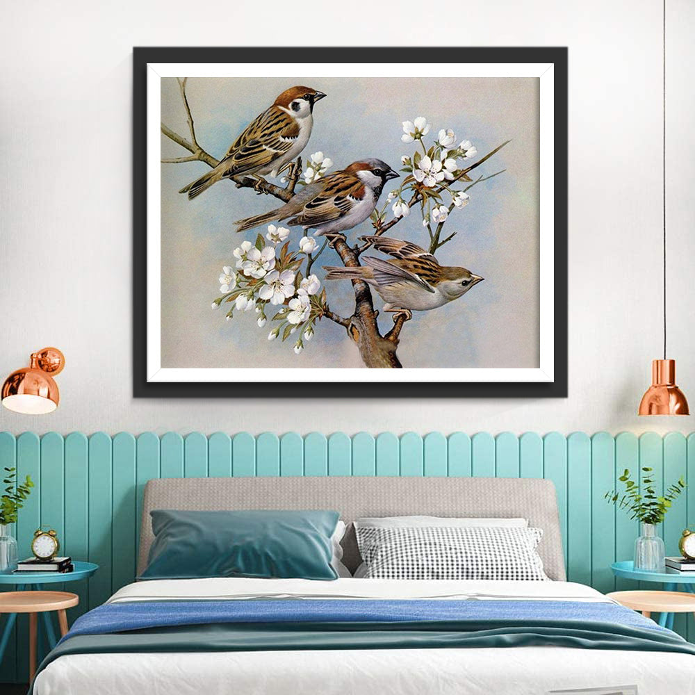Drie Mussen op een Tak met Witte Bloemen Diamond Painting