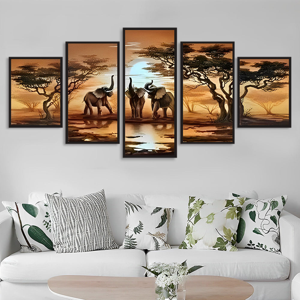Drie Olifanten onder de Bomen 5 Platen Diamond Painting