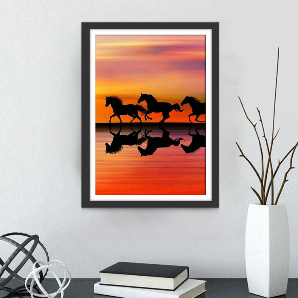 Drie Paarden Rennen in de Avondzon Diamond Painting