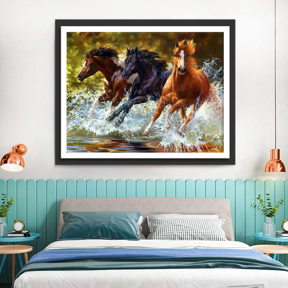 Drie Paarden Rennen in de Rivier Diamond Painting