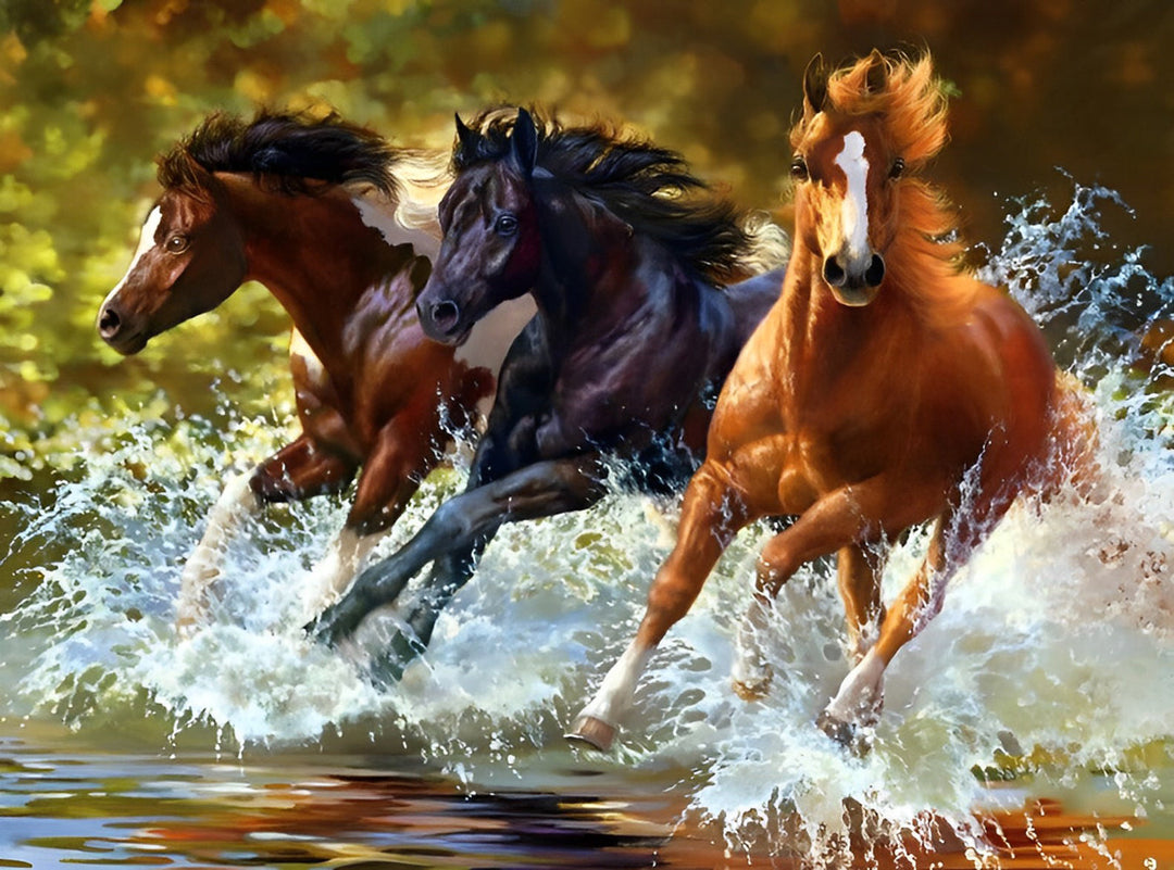 Drie Paarden Rennen in de Rivier Diamond Painting