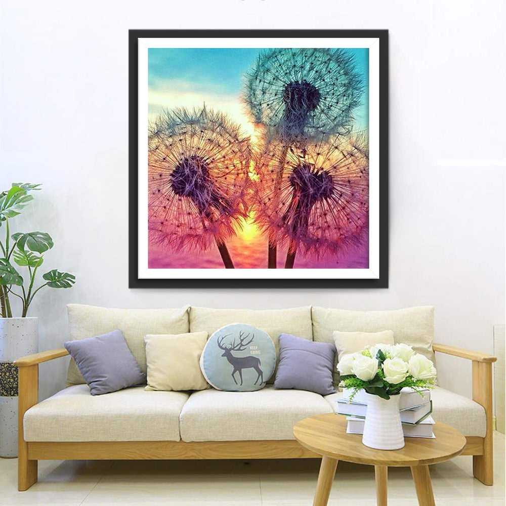 Drie Paardenbloemen onder een Kleurrijke Hemel Diamond Painting