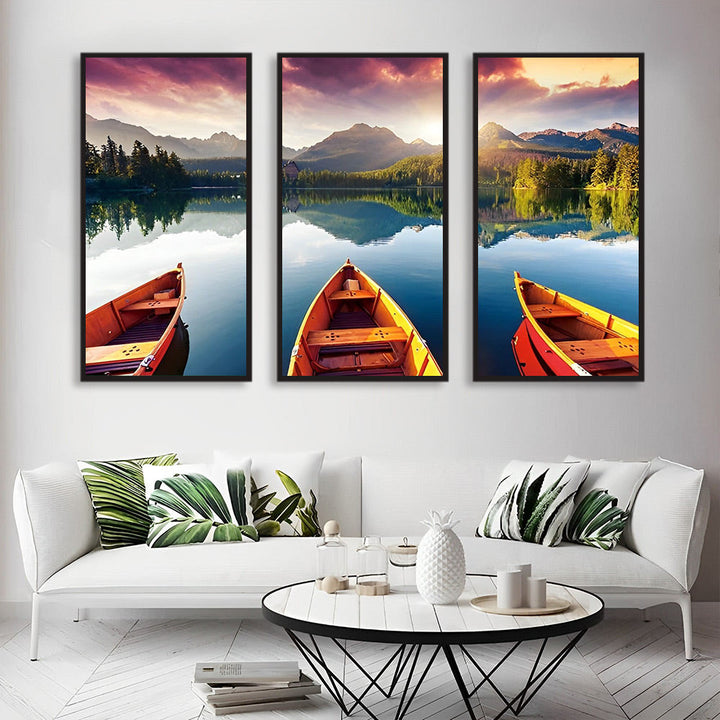 Drie Panelen met Kalme Meer en Kleurrijke Bootjes 3 Platen Diamond Painting