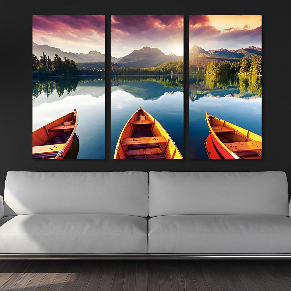 Drie Panelen met Kalme Meer en Kleurrijke Bootjes 3 Platen Diamond Painting