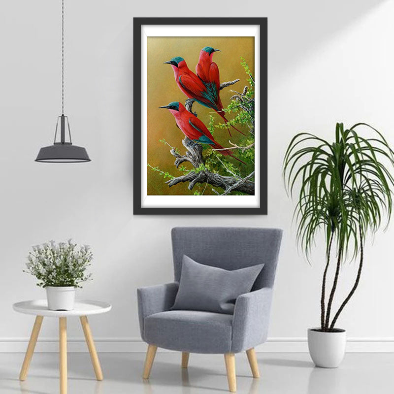 Drie Rode en Groene Vogels Diamond Painting