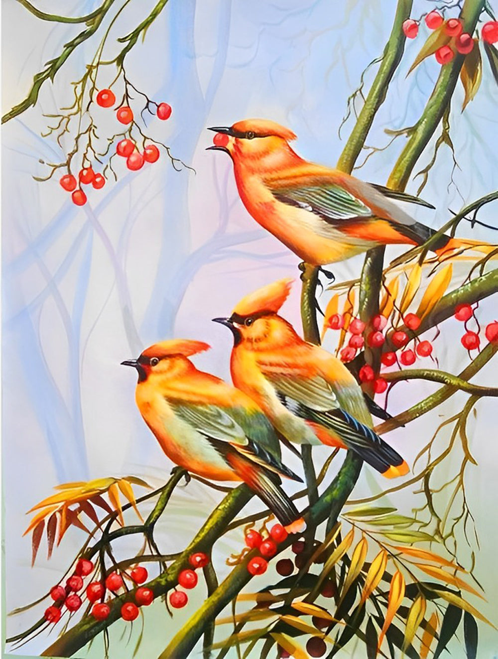 Drie Vogels in een Fruitboom Diamond Painting