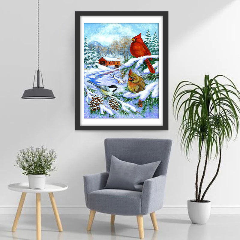Drie Vogels op een Boom in het Besneeuwde Land Diamond Painting