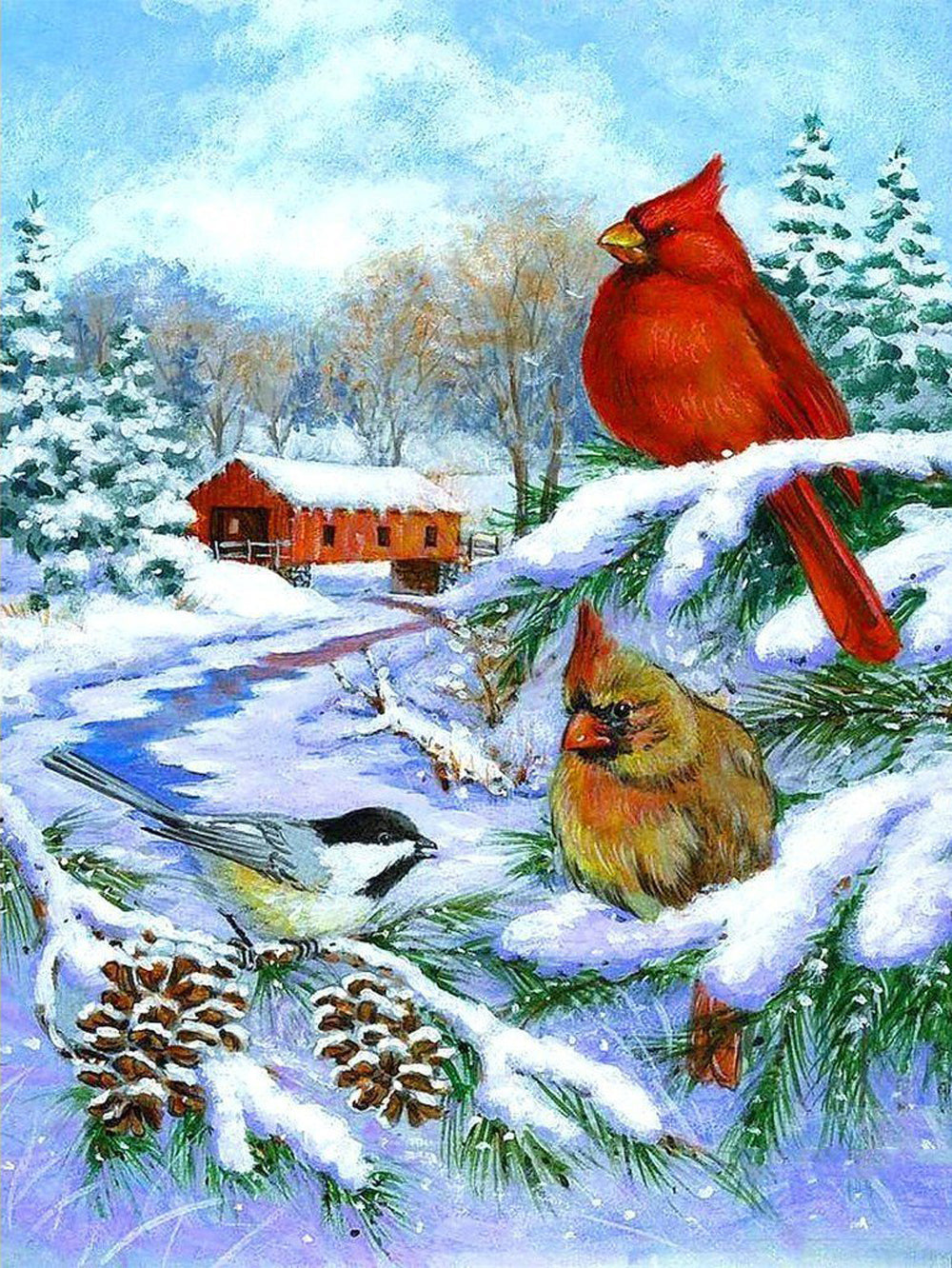 Drie Vogels op een Boom in het Besneeuwde Land Diamond Painting