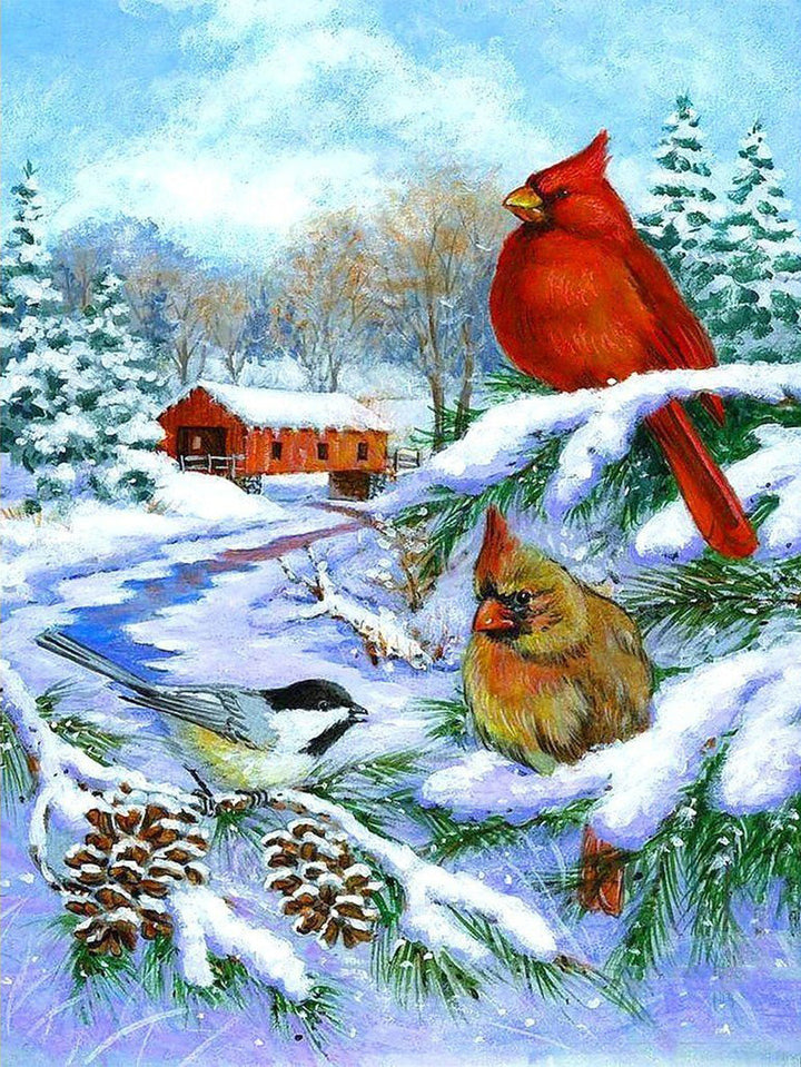 Drie Vogels op een Boom in het Besneeuwde Land Diamond Painting