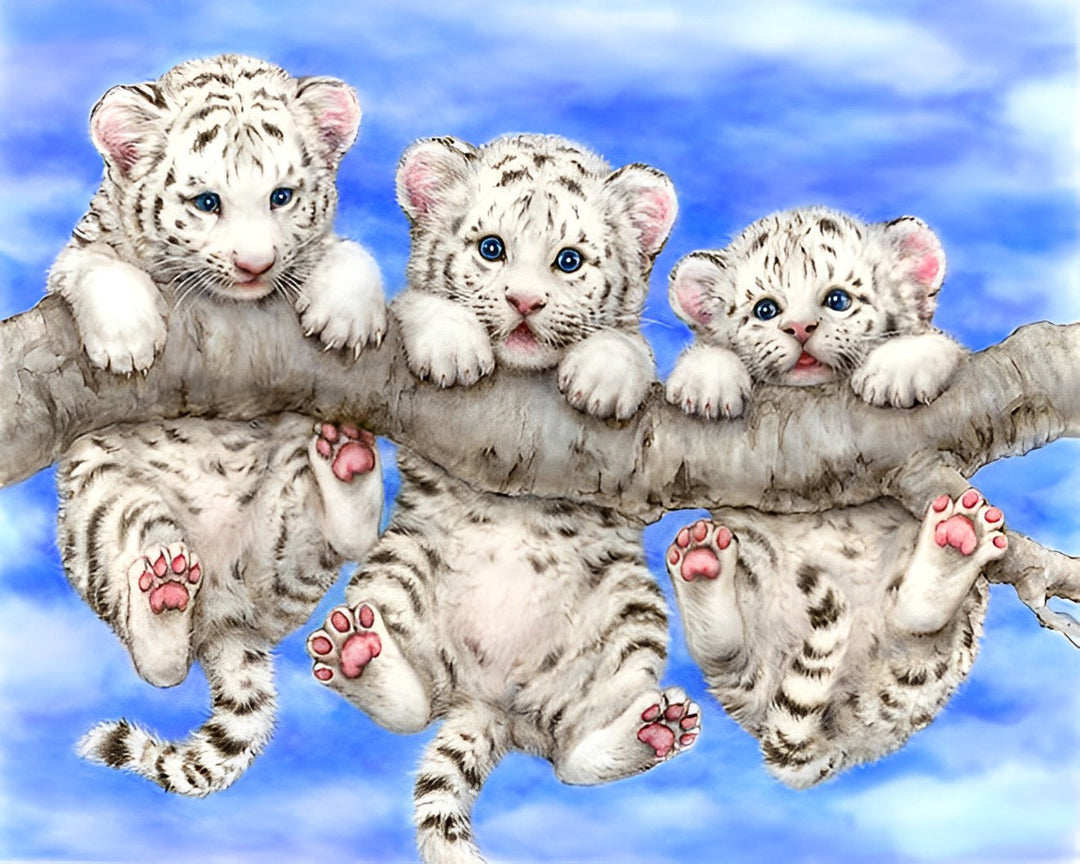 Drie Witte Tijgers op een Tak Diamond Painting