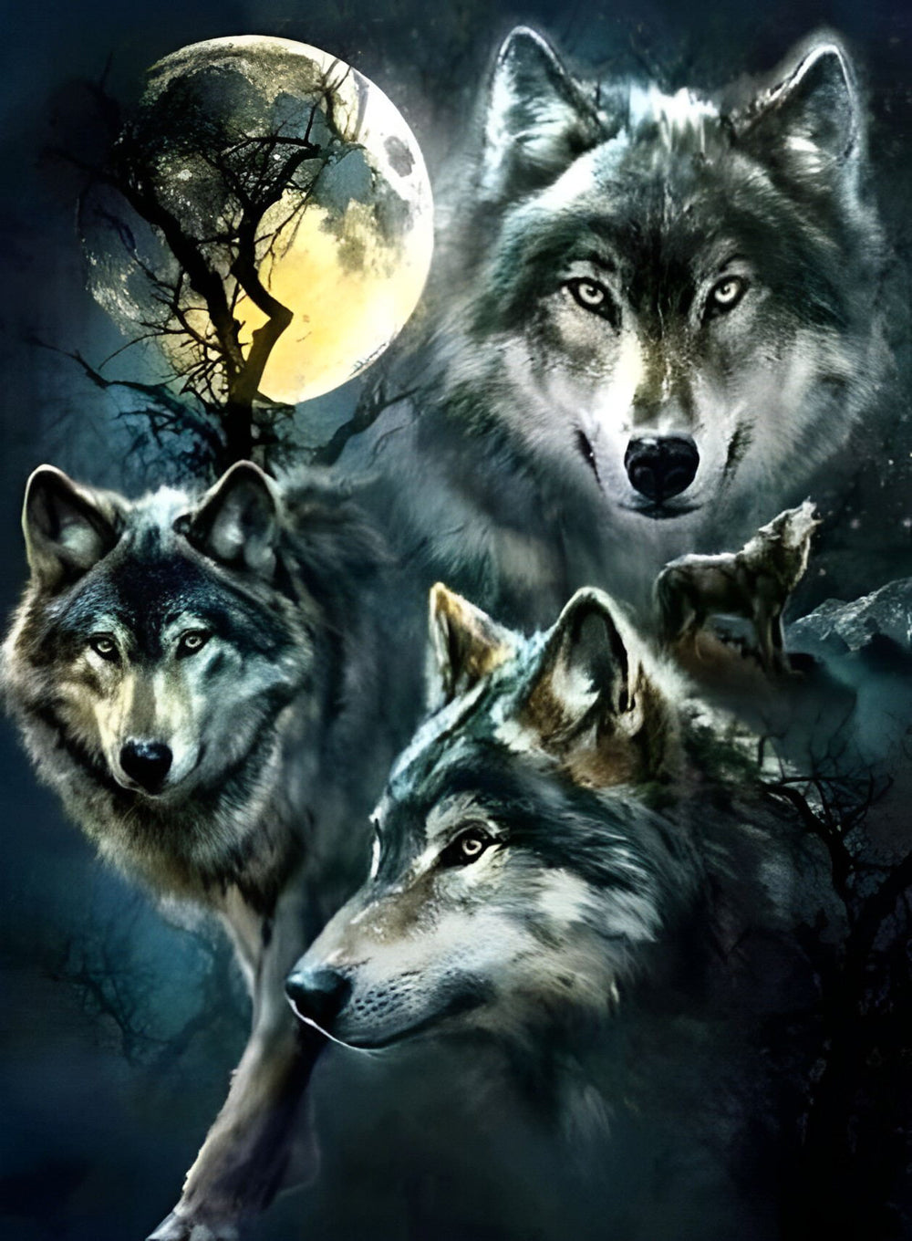 Drie Wolven onder een Volle Maan en Een Wolf op Een Klif Diamond Painting