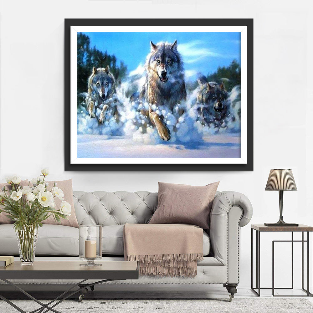 Drie Wolven Rennen in de Sneeuw Diamond Painting