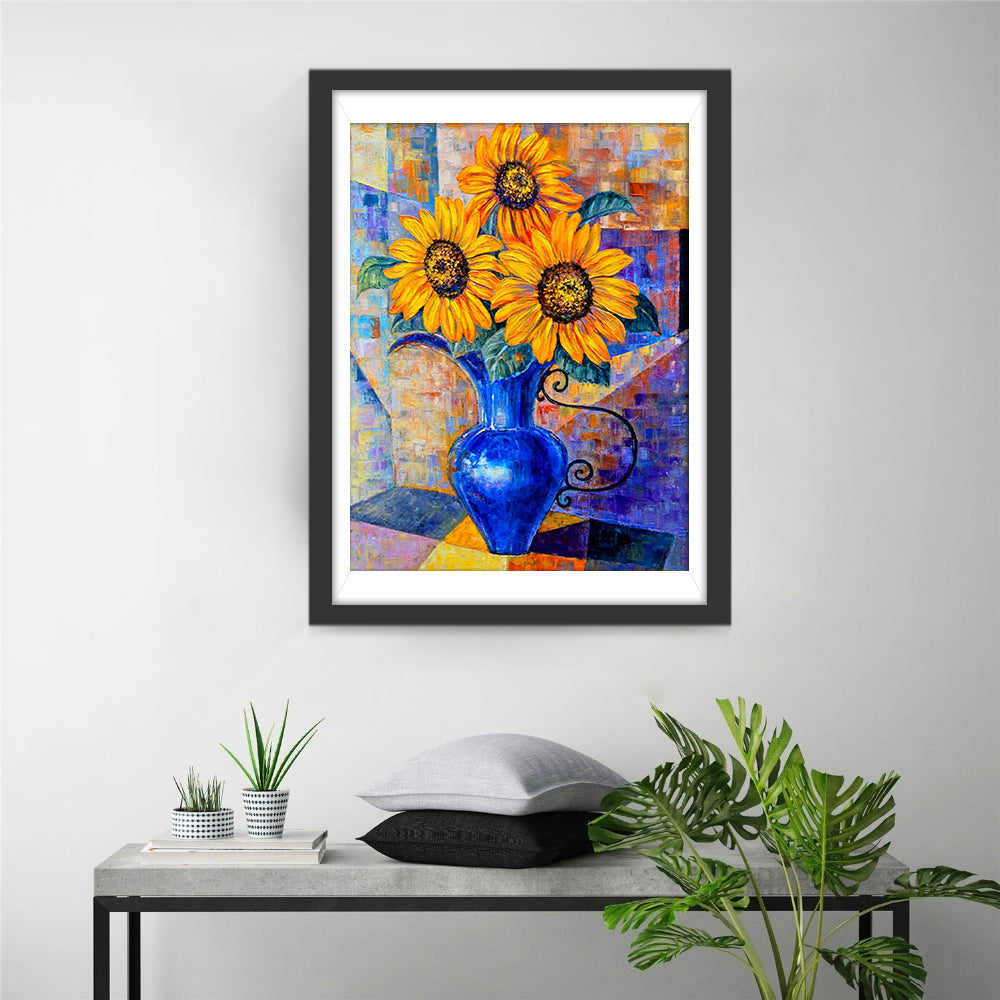 Drie Zonnebloemen in een Blauwe Vaas Diamond Painting