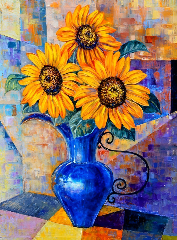 Drie Zonnebloemen in een Blauwe Vaas Diamond Painting