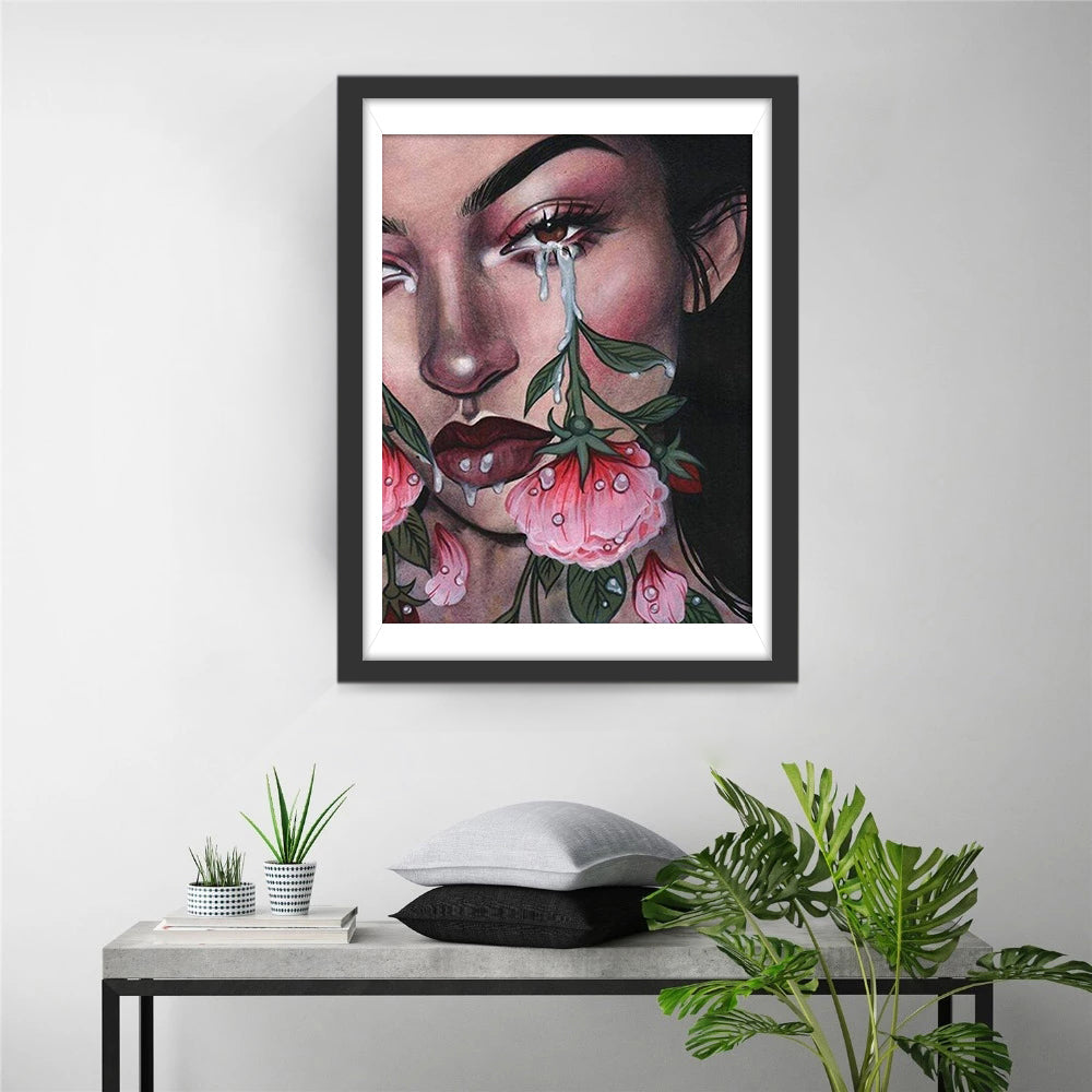 Droevig Schoon Gezicht met Bloem en Traan Diamond Painting