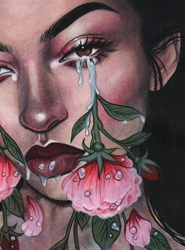Droevig Schoon Gezicht met Bloem en Traan Diamond Painting