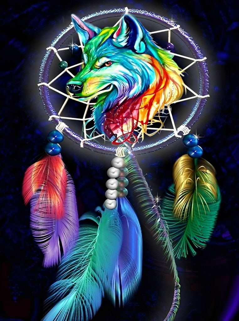 Dromenvanger met Bontgekleurde Wolf Diamond Painting