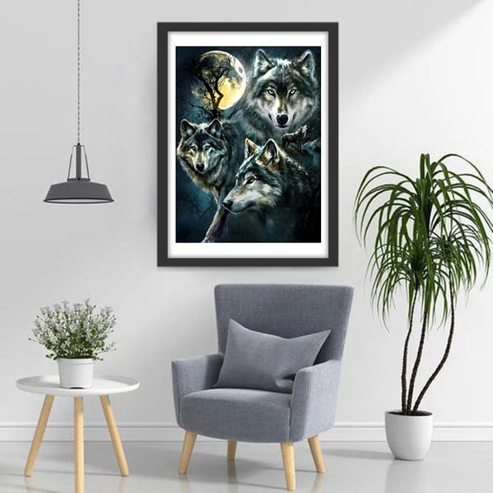 Drie Wolven onder een Volle Maan en Een Wolf op Een Klif Diamond Painting