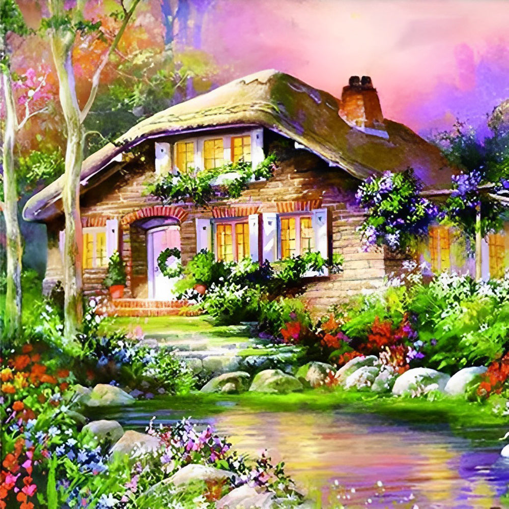 Dromerig Beeld van Huis en Tuin Diamond Painting