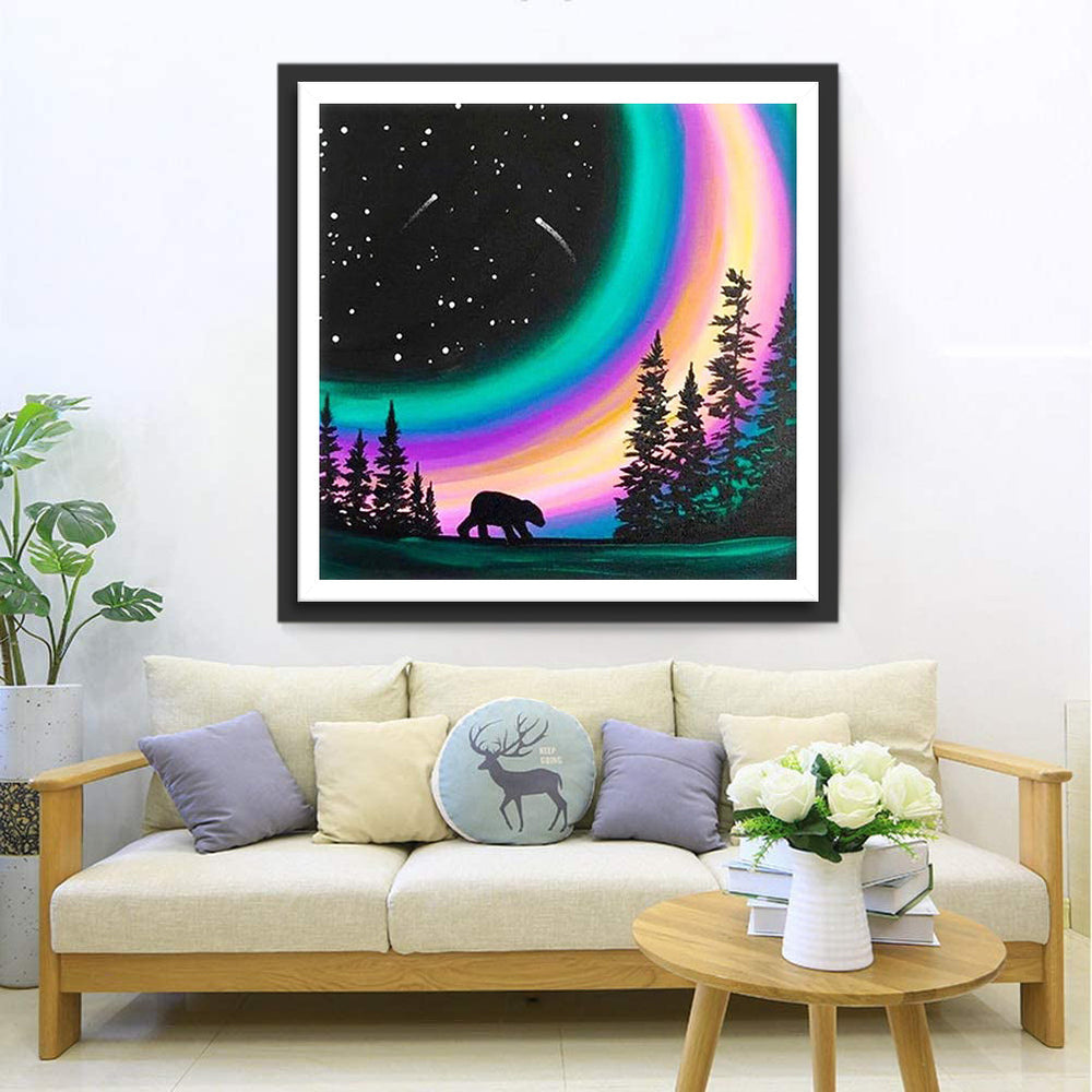 Dromerig Noorderlicht met Beer en Bomen Diamond Painting