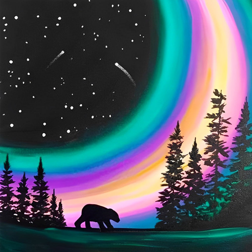 Dromerig Noorderlicht met Beer en Bomen Diamond Painting