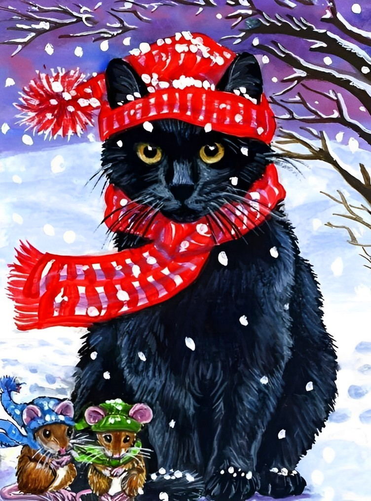 Een Kat en Twee Muizen in de Sneeuw Diamond Painting