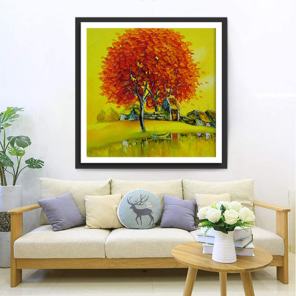 Dromerige, Vurigrode Boom bij Huisjes Diamond Painting