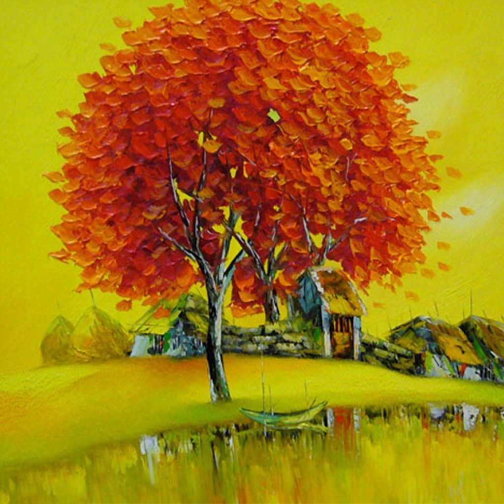 Dromerige, Vurigrode Boom bij Huisjes Diamond Painting