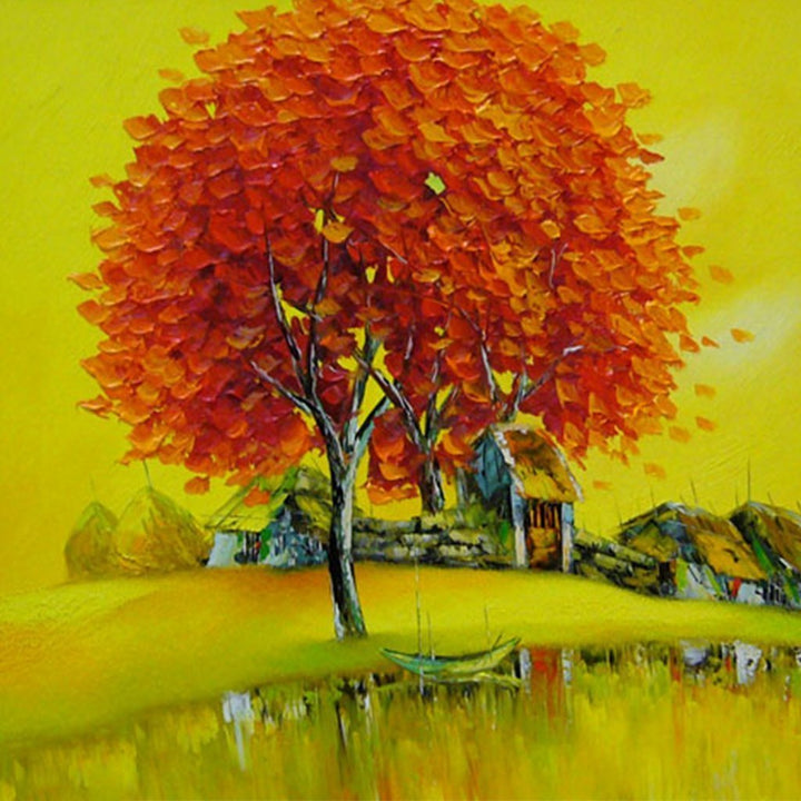 Dromerige, Vurigrode Boom bij Huisjes Diamond Painting