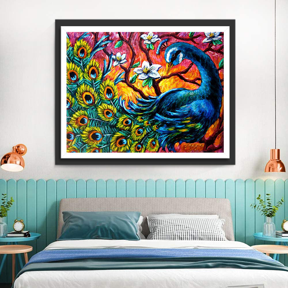 Edele Pauw op een Witbloeiende Tak Diamond Painting