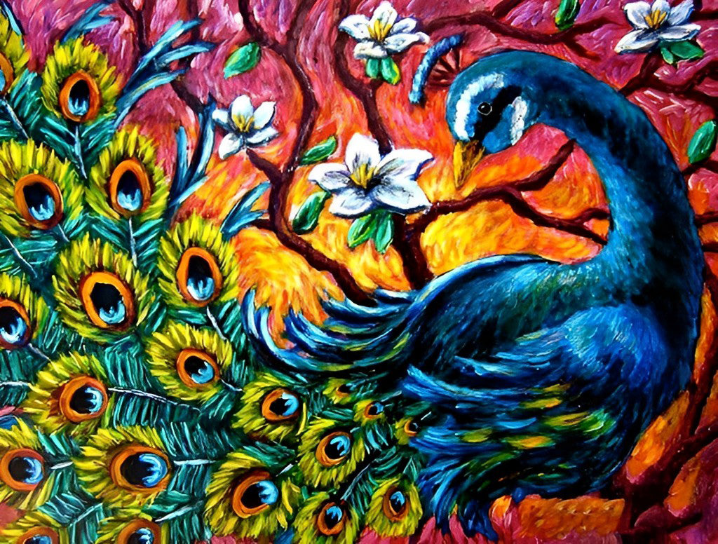 Edele Pauw op een Witbloeiende Tak Diamond Painting
