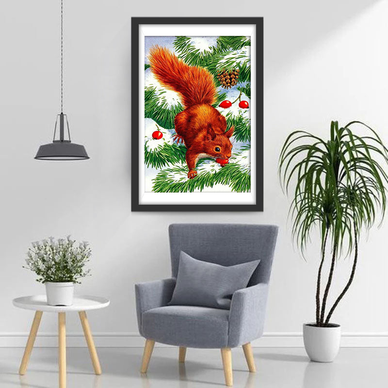 Eekhoorn met Rode Vruchten in de Boom Diamond Painting