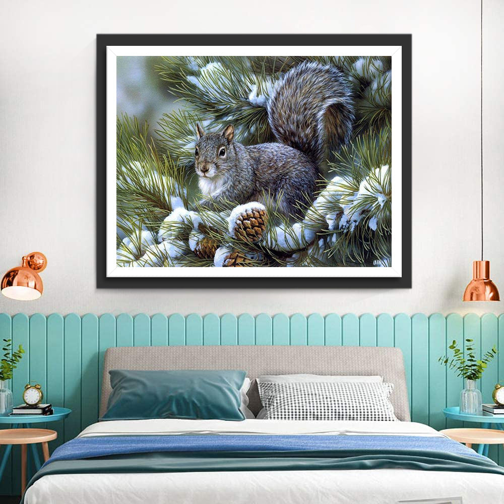 Eekhoorns en Dennenappels op een Dennenboom Diamond Painting
