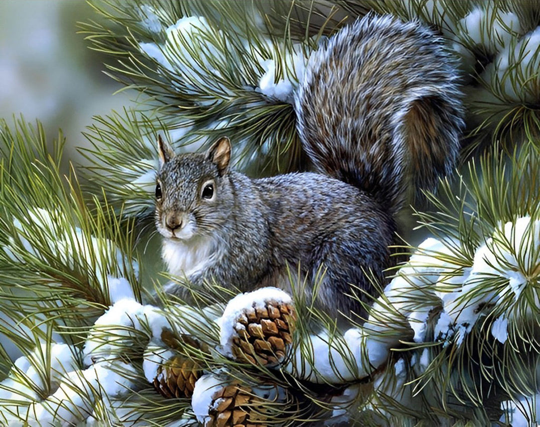 Eekhoorns en Dennenappels op een Dennenboom Diamond Painting