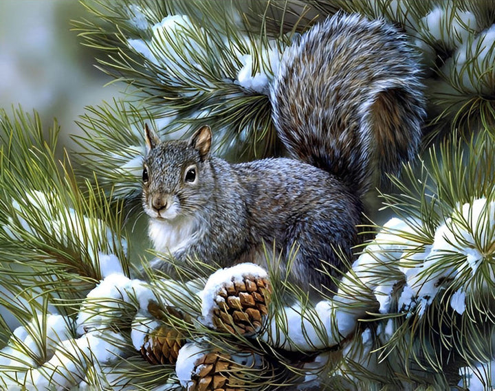 Eekhoorns en Dennenappels op een Dennenboom Diamond Painting