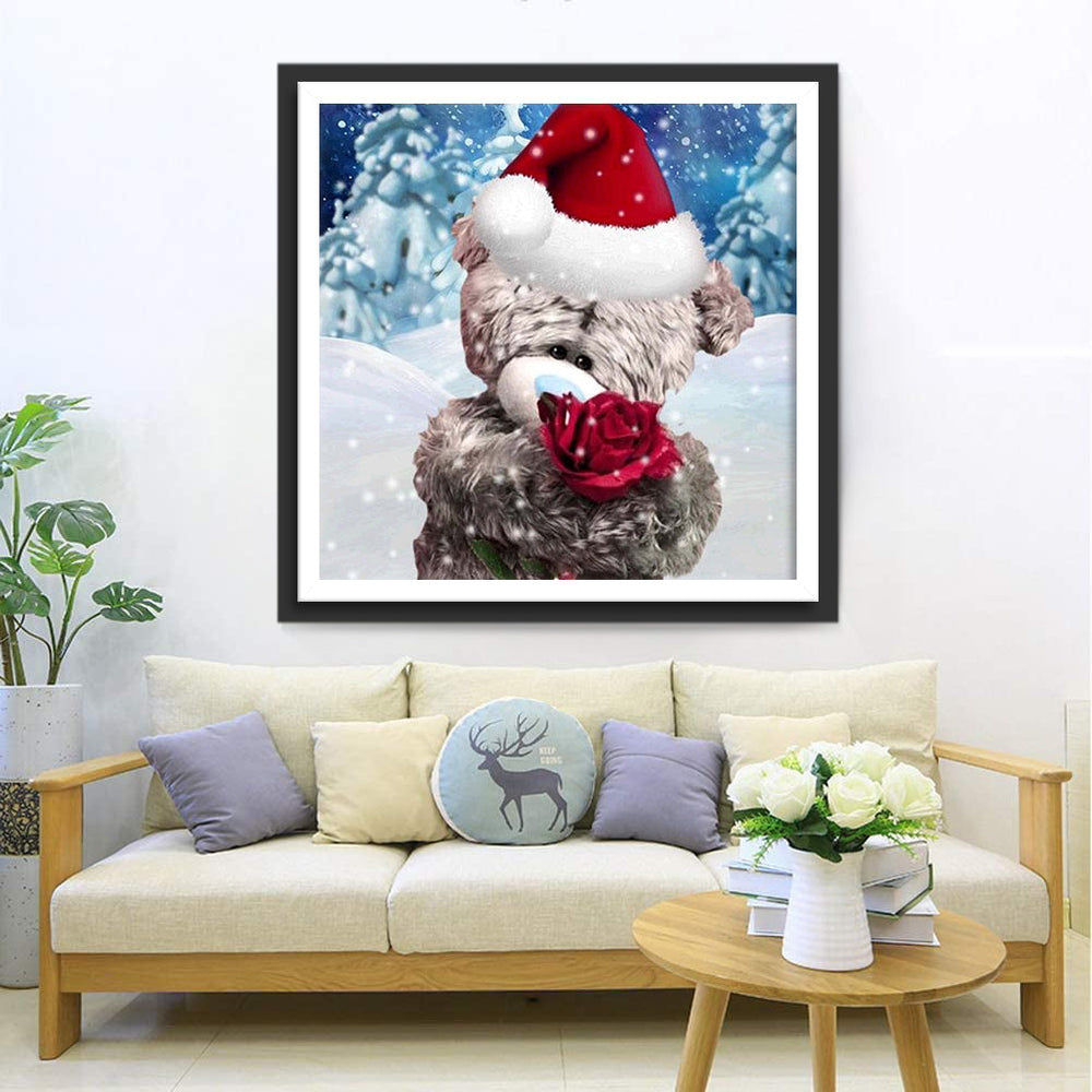 Een Beer met een Kerstmuts en een Rode Roos in zijn Hand Diamond Painting