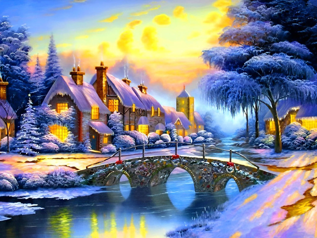 Een Betoverend Winterdorp met Gepasteelde Huizen Diamond Painting
