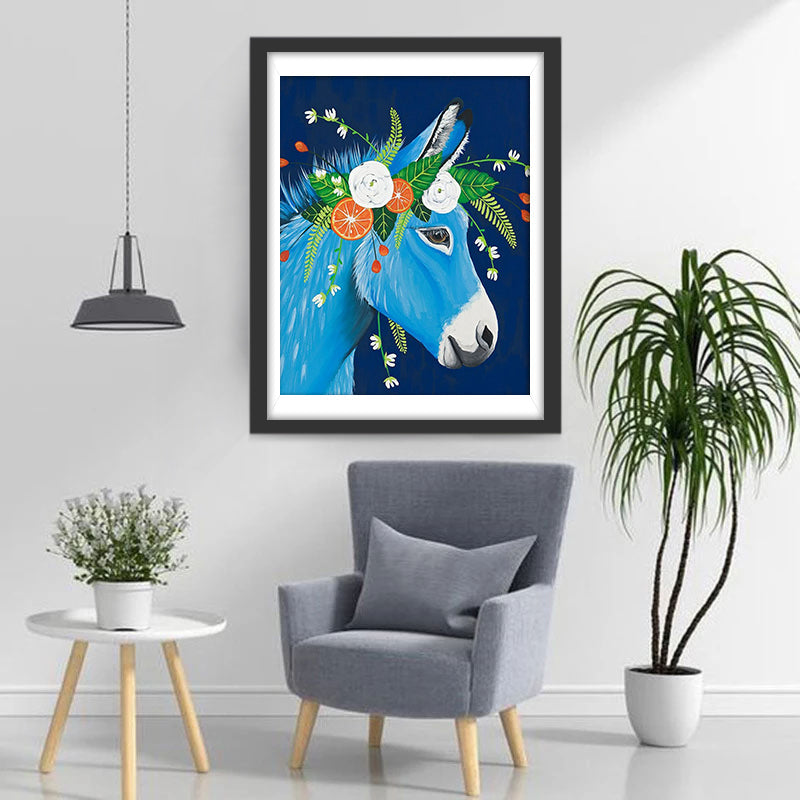 Een Blauw Paard met Bloemen Diamond Painting