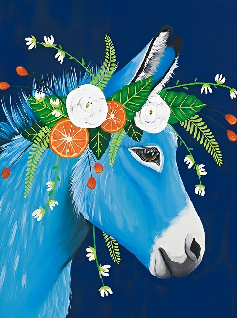 Een Blauw Paard met Bloemen Diamond Painting
