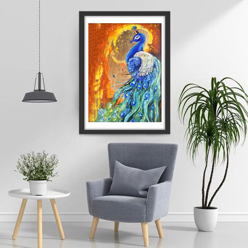 Een Blauwe Pauw tegen een Gouden Achtergrond Diamond Painting