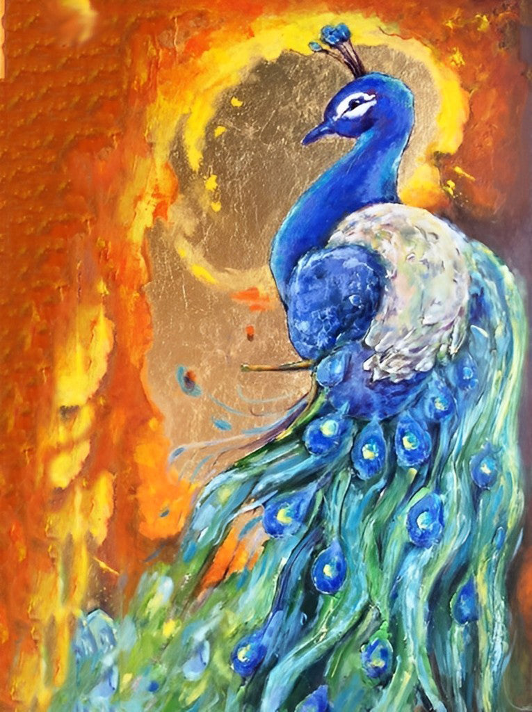 Een Blauwe Pauw tegen een Gouden Achtergrond Diamond Painting