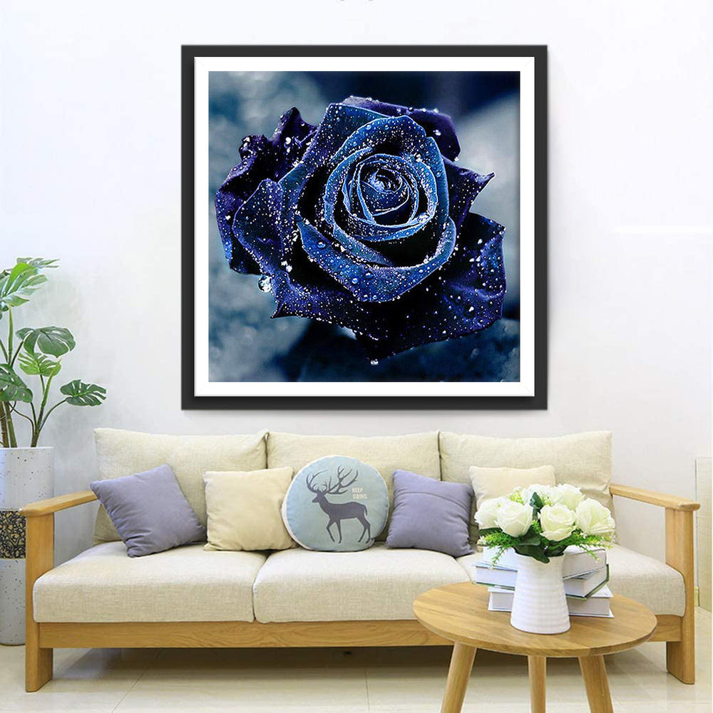 Een Blauwe Roos met Waterdruppels Diamond Painting